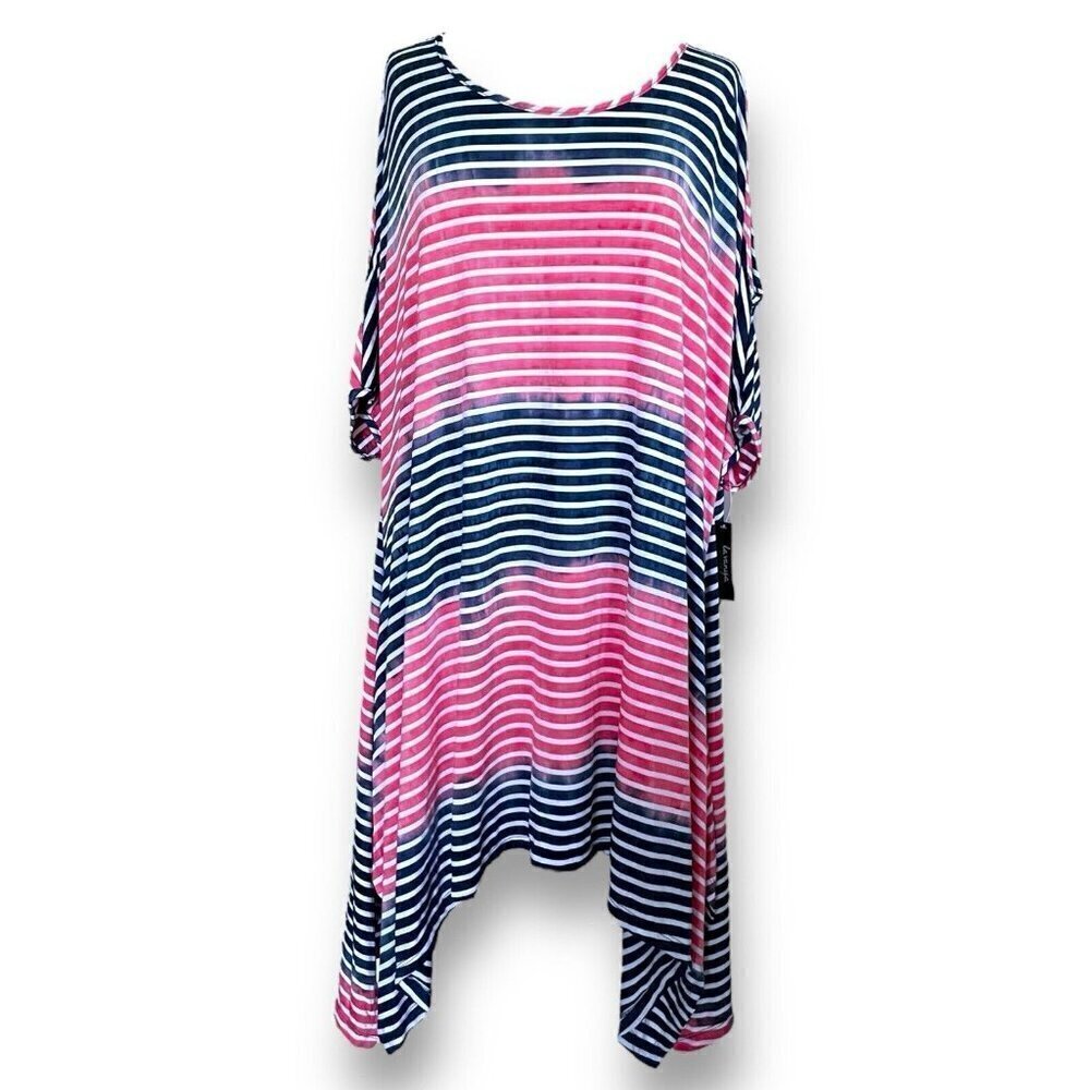 La Vanya Womens Tunic Top Plus Sz 3X Blue Pink Stripe Ombre Tie Dye Boho Stretch